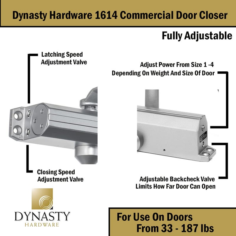 Dynasty Hardware Door Closer, Grade 1 Heavy Duty Commercial Hydraulic Closer, Self-Closing, Adjustable Spring Size 1-4, ADA Compliant, Surface Mount, Sprayed Aluminum, Series 1614 - Image 4